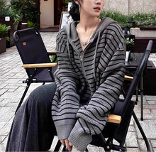Load image into Gallery viewer, Women's Striped Apricot Knit Drawstring Hooded Loose Cardigan
