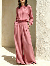 Load image into Gallery viewer, Casual Solid Color Long Sleeve Stand-up Collar Loose Fit Women's Fashion Set BlouseWide-leg Pants
