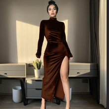 Load image into Gallery viewer, High Neck Long Velvet Dress with Pleats and Slit Fitted SilhouetteAutumn/Winter Fashion

