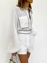 Load image into Gallery viewer, Leisure and fashionable cotton and linen long sleeved design with black and white contrasting shirt shorts
