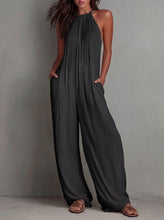 Lade das Bild in den Galerie-Viewer, Halter Sleeveless Vacation Style White Pleated Backless Wide-Leg Jumpsuit
