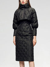 Load image into Gallery viewer, Solid Two Piece Sets For Women Stand Collar Lantern Sleeve Parka O Neck Sleeveless High Waist Dress Chic Set Female
