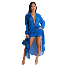 Load image into Gallery viewer, Sexy Perspective Solid Color Chiffon Long Shirt Shorts Beach Two Piece Set New
