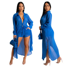 Load image into Gallery viewer, Sexy Perspective Solid Color Chiffon Long Shirt Shorts Beach Two Piece Set New
