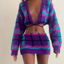 Load image into Gallery viewer, Knit Ribbed Plaid Women's  Long Sleve Tie Up Sweater and Midi Mini Skirts Two 2 Piece Set
