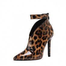Load image into Gallery viewer, Crystal Cut-Out Ankle Leopard Stilletto Point Boots
