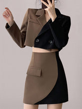 Load image into Gallery viewer, Two Piece Sets For Women Notched Collar Long Sleeve Spliced Button Top High Waist Mini Skirt Slim Set Female
