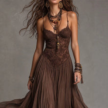 Load image into Gallery viewer, Chiffon Printed Strap Fitted Long Dress, Vintage Flowy Maxi Dress

