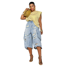 画像をギャラリービューアに読み込む, Ripped Raw Hem Multi-Pocket Cargo Seven-Eighth Denim Pants
