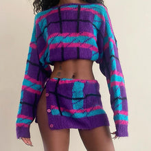 Load image into Gallery viewer, Knit Ribbed Plaid Women's  Long Sleve Tie Up Sweater and Midi Mini Skirts Two 2 Piece Set
