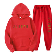 Load image into Gallery viewer, Gold Print Hooded Long Sleeve Fleece Lined Sports Casual Jacket and Pants Set
