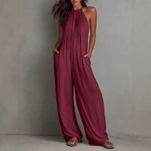 Lade das Bild in den Galerie-Viewer, Halter Sleeveless Vacation Style White Pleated Backless Wide-Leg Jumpsuit
