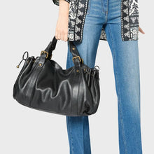 Load image into Gallery viewer, Black large capacity soft leather tote bag with pleated drawstring hand-held shoulder bag
