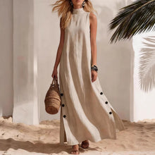 Lade das Bild in den Galerie-Viewer, Women's Vacation Dress, Beach-Style Side Slit Loose Fit Solid Color Cotton Linen Sleeveless Dress
