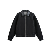 Load image into Gallery viewer, PU Leather Patchwork Burnout Denim Jacket for Men with Turn-down Collar
