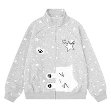 Load image into Gallery viewer, Light gray star print stand up collar zipper cardigan jacket
