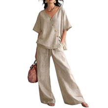 Load image into Gallery viewer, Women's Fashion Casual Solid Color V-Neck Loose Short Sleeve Top with Drawstring Pants Two-Piece Set
