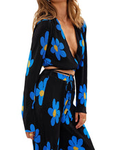 Load image into Gallery viewer, Floral Print Two-Piece Pants Suits Spring Summer Casual Women Pleated Sets Long Sleeve Tie Up Crop Tops+Loose Pants
