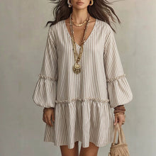 Load image into Gallery viewer, Style Autumn New Women's Long Sleeve Dress Stripe Print V-Neck Lantern Sleeve Loose Mini Dress
