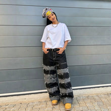 Load image into Gallery viewer, Street Deconstructed Black and Gray Patchwork Raw Hem Denim Pants
