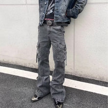 Load image into Gallery viewer, Street Style Distressed Washed Multi-Pocket Flared Cargo Jeans
