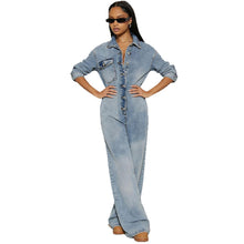 Load image into Gallery viewer, Women's Denim Jumpsuit with Button Front Long Sleeve Bodysuit
