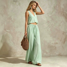 Load image into Gallery viewer, V-neck solid color sleeveless camisole top wide leg pants set
