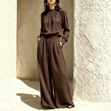 Load image into Gallery viewer, Casual Solid Color Long Sleeve Stand-up Collar Loose Fit Women's Fashion Set BlouseWide-leg Pants
