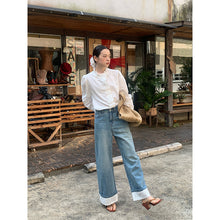 Load image into Gallery viewer, Lace curled edge fashionable wide leg straight leg jeans for women
