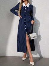 Cargar imagen en el visor de la galería, Striped Print Short Sleeve Buttoned Front Turn-down Collar A-line Dress
