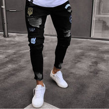 Load image into Gallery viewer, Men's Ripped jeans Badge Letters Hip-hop Skinny Jogging Denim  Fashion Pencil Long Trousers Distressed Jeans For Men Clothing
