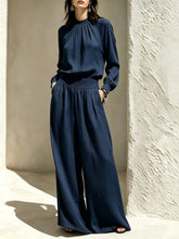 Load image into Gallery viewer, Casual Solid Color Long Sleeve Stand-up Collar Loose Fit Women's Fashion Set BlouseWide-leg Pants
