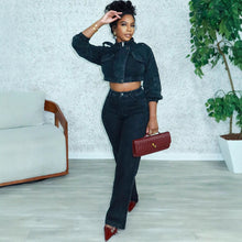 Cargar imagen en el visor de la galería, Denim Set Fashion Long Sleeve Cropped Jacket High Waist Denim Pants
