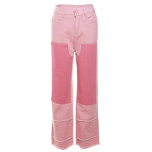 Load image into Gallery viewer, patchwork color contrast high waisted loose casual jeans for women
