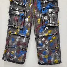 Load image into Gallery viewer, Spray painted graffiti multi pocket workwear straight leg jeans for women
