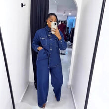 Charger l'image dans la galerie, Vintage Denim Shirt with Turn-Down Collar Long Sleeve Top and Straight Leg Pants Set for Women
