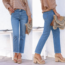 Load image into Gallery viewer, Straight Leg Ankle-Length White Raw Hem Denim Pants T Casual Wear
