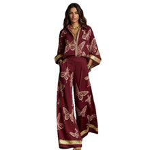 Load image into Gallery viewer, Style Women's Retro Printed Sexy Deep V Neck Loose Zipper Top with Wide Leg Pants Two-Piece Set
