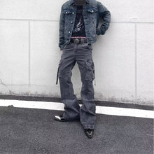 Load image into Gallery viewer, Street Style Distressed Washed Multi-Pocket Flared Cargo Jeans
