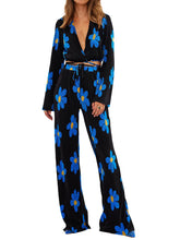 Load image into Gallery viewer, Floral Print Two-Piece Pants Suits Spring Summer Casual Women Pleated Sets Long Sleeve Tie Up Crop Tops+Loose Pants

