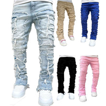 Load image into Gallery viewer, Men's denim straight leg elastic patch denim straight leg pants
