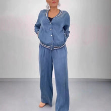 Lade das Bild in den Galerie-Viewer, Patchwork Round Neck Cardigan Casual Top Wide Leg Pants Set for Women

