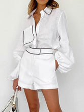 Load image into Gallery viewer, Leisure and fashionable cotton and linen long sleeved design with black and white contrasting shirt shorts
