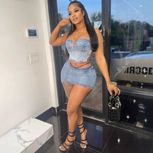 Load image into Gallery viewer, Sexy Strapless Denim Top with Slit Mini Skirt
