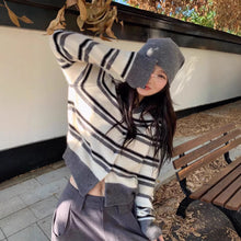 Load image into Gallery viewer, Striped Open Front Crew Neck Cropped Slimming Knit Sweater Jacket
