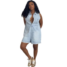 画像をギャラリービューアに読み込む, Fashionable Loose Turn-down Collar Sleeveless Denim Jumpsuit for Women
