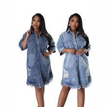 画像をギャラリービューアに読み込む, Fashionable Denim Jacket for Women with Ripped Fringe Short Sleeve Turn-Down Collar
