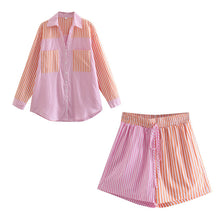Load image into Gallery viewer, Aachoae Fashion Patchwork Cotton 2 Piece Set Women Long Sleeve Pockets Shirt With High Waist Shorts Striped Print Holiday Sets
