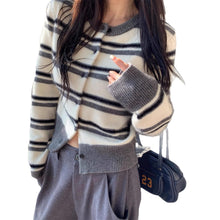 Load image into Gallery viewer, Striped Open Front Crew Neck Cropped Slimming Knit Sweater Jacket
