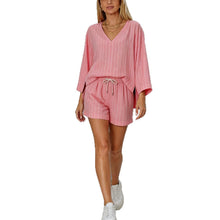 Load image into Gallery viewer, Loose V-neck long sleeved shorts striped set
